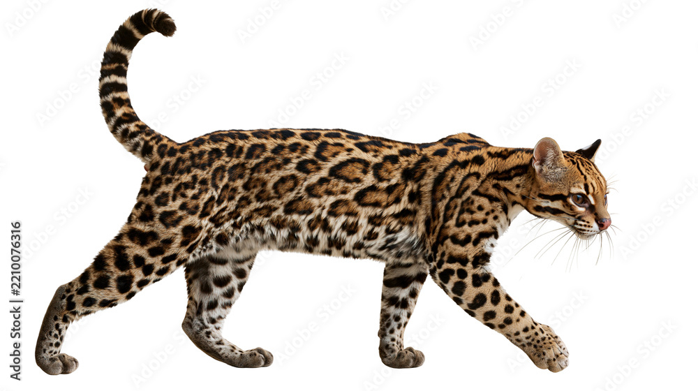 Obraz premium Spotted ocelot wild cat walking with tail raised