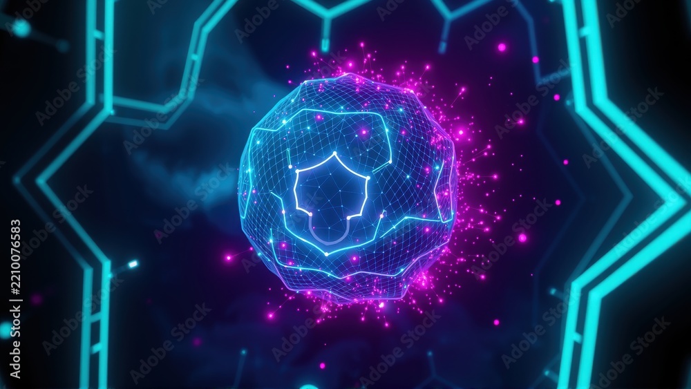 Fototapeta premium Futuristic glowing sphere, polygonal design. Bright neon lines create abstract tunnel effect. Dark background enhances vibrant colors.