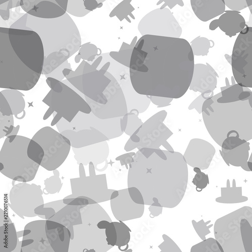 Seamless pattern with grey teapots and rounded cups on dark background