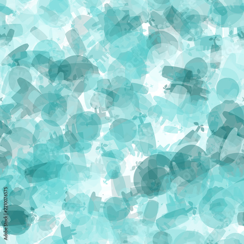 Seamless pattern with overlapping cyan geometric shapes on dark background