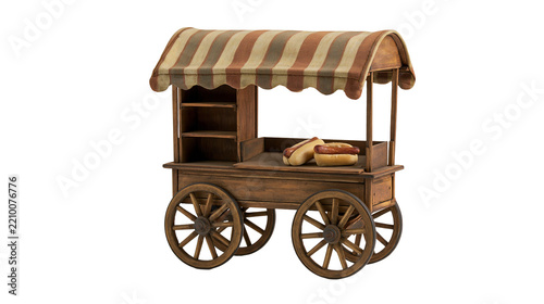 Vintage wooden hot dog cart with striped fabric canopy and wheels