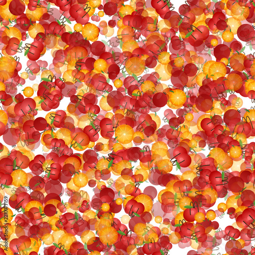 Vibrant pattern of citrus slices and red cherries on black background
