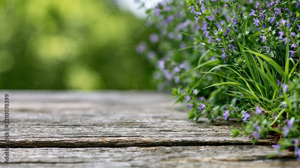 Naklejka premium The Wooden Surface with Lavender Blooms on a Weathered Table