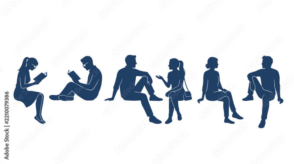 Fototapeta premium Set of blue silhouettes of people sitting and reading in various