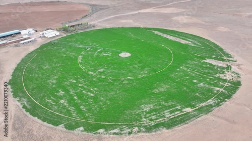 Aerial View of Circular Green Irrigated Farm Field in Dry Desert Landscape