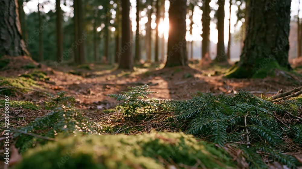 Obraz premium The Sunlit Forest Path Among Mossy Ferns and Tall Pines