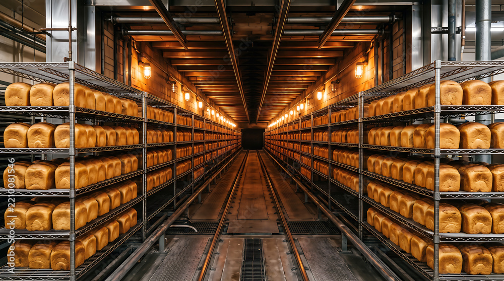 Fototapeta premium Industrial bread storage facility with neatly stacked loaves on metal shelving