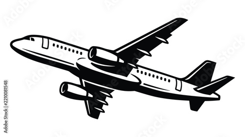 Passenger airplane silhouette in takeoff flight position for airline travel concepts aviation industry logos or transport symbols.
