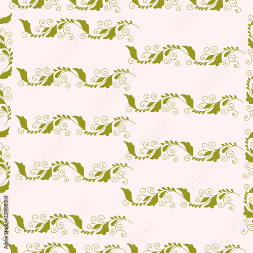 Hand Drawn Botanical Seamless Pattern with Olive Green Leafy Swirl Dividers Vector
