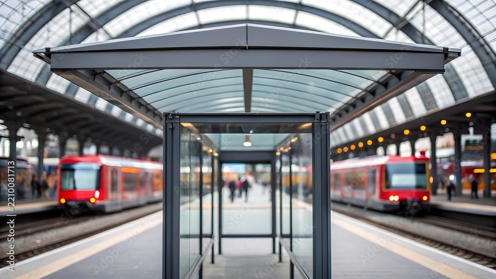 Obraz premium Modern passenger platform station terminal with glass canopy architecture and red trains waiting