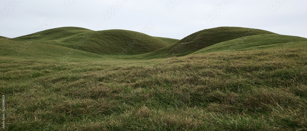 Obraz premium Gently rolling grass-covered hills under an overcast sky in a rural landscape