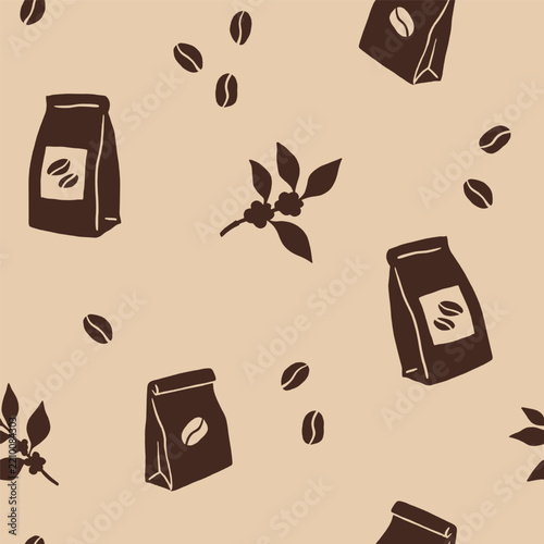 Hand drawn seamless coffee pattern with coffee bags, scattered beans and coffee plant branches in dark brown on a warm beige background. Simple monochrome cafe and roastery illustration.