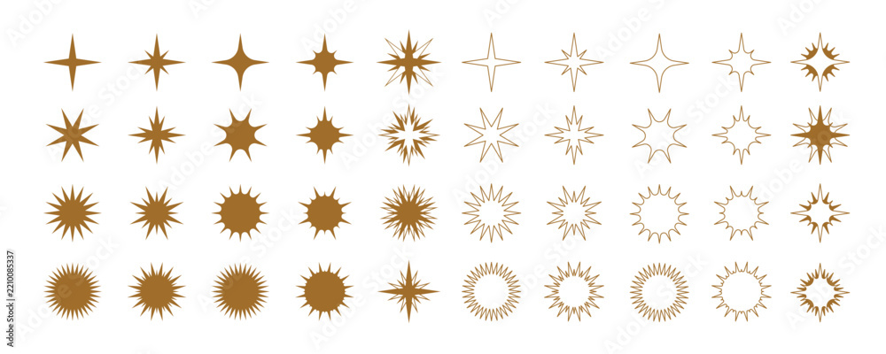 Obraz premium Retro gold starburst and sparkle vector icons set featuring a collection of minimalist starry bursts, celestial sparkles, and sunburst design elements.