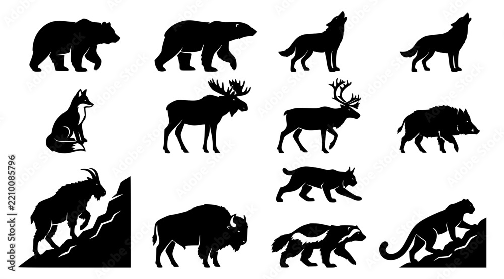 Obraz premium Forest Mountain and Arctic Wild Animals Silhouette Vector Collection