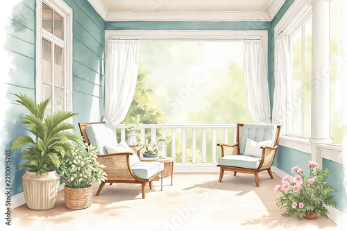 Summer outdoor furniture on balcony garden decor