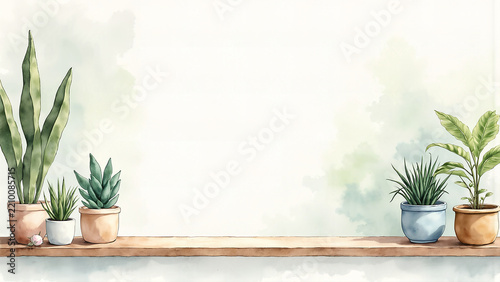Watercolor Potted Plants on Indoor Shelf gardening setup