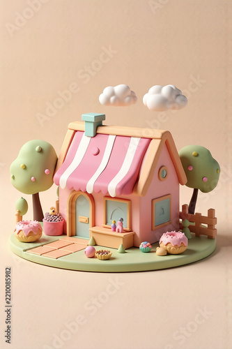 Pastel miniature house in 3D fantasy garden scene