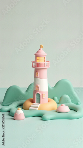 Close-Up of Pastel Lighthouse on Island toy scene