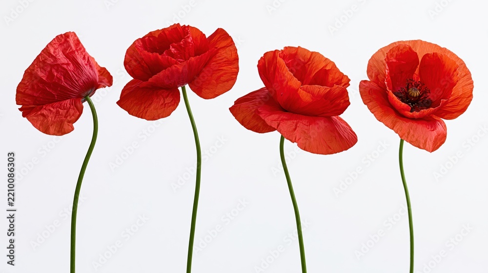 Obraz premium The Red Poppies: Four Delicate Stems in a White Studio Backdrop
