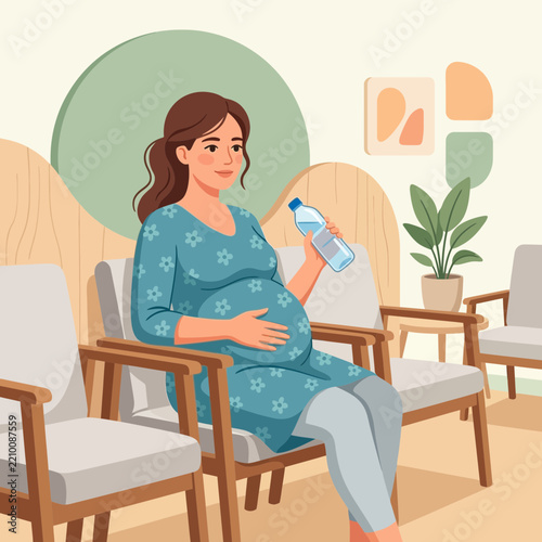 Pregnant Woman Sitting in Waiting Room Holding Water Bottle