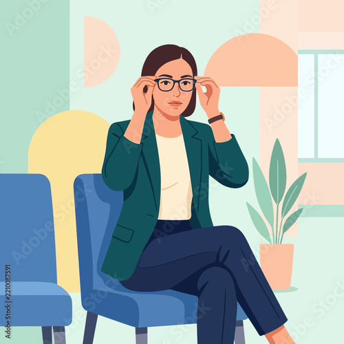 Professional Woman Adjusting Glasses, Sitting in Modern Office Waiting Area with Abstract Geometric Decor