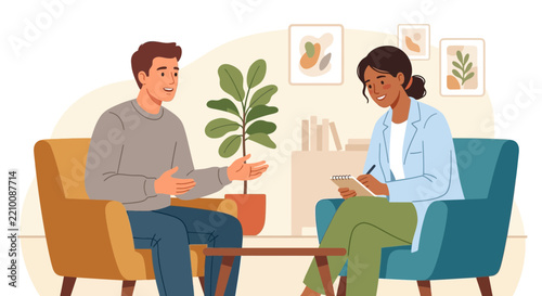 Psychologist session: man talking to therapist in comfortable office, mental health support, modern flat illustration