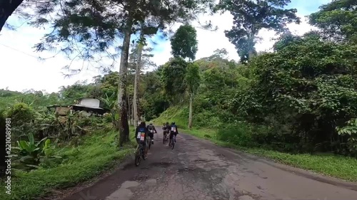 Group of Cyclists Riding Mountain Bikes on a Rural Asphalt Road Surrounded by Dense Green Trees