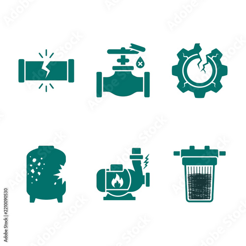 Green icons of broken pipe and machinery parts