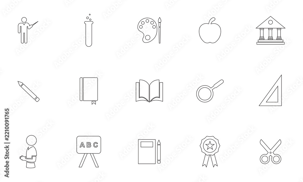 Fototapeta premium Education and School Icon Set with Teacher, Test Tube, Art Palette, Apple, School Building, Pencil, Book, Open Book, Search, Ruler, Student, Blackboard, Notebook, Award and Scissors Vector Illustratio