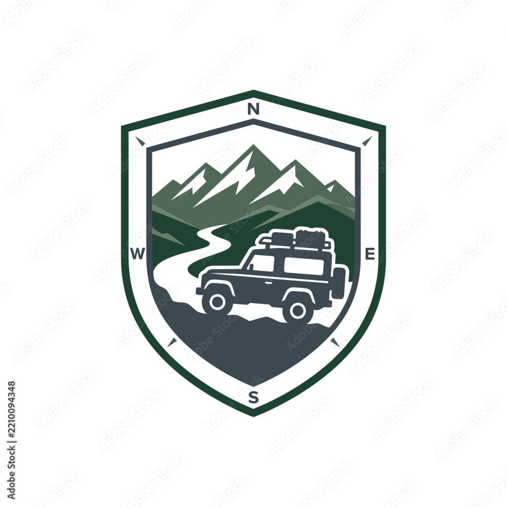 Obraz premium Off-road vehicle adventure emblem with mountain landscape and compass shield badge design