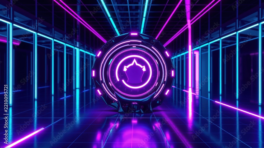 Fototapeta premium Neon lights illuminate futuristic corridor. Geometric shapes create immersive digital space. Dark background enhances vibrant glow.