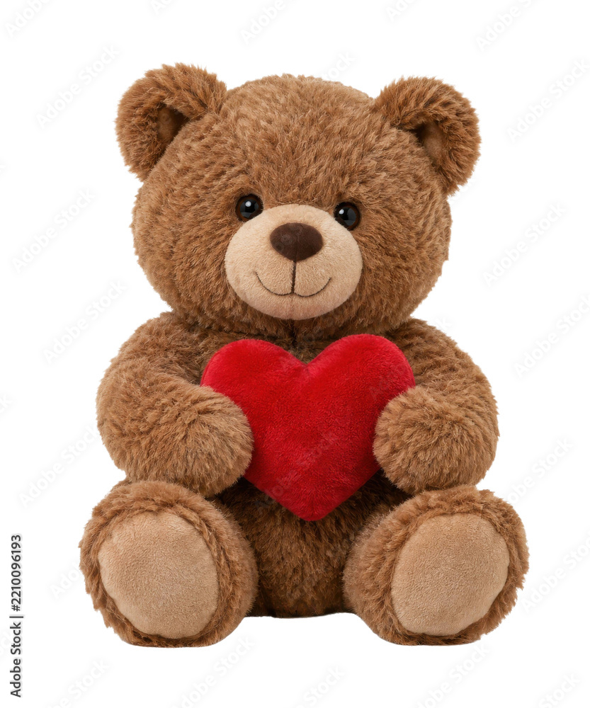 Fototapeta premium Cute brown plush teddy bear holding a soft red heart, sitting happily on a clean white background