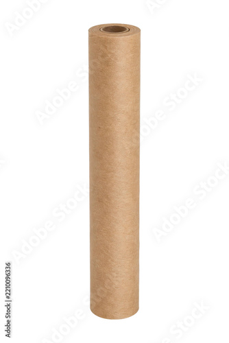Tall, cylindrical roll of brown kraft paper stands upright, showcasing its natural texture and earthy tone on a clean white background