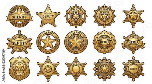 Golden sheriff and deputy badges vector illustration set with intricate vintage engraved metallic details