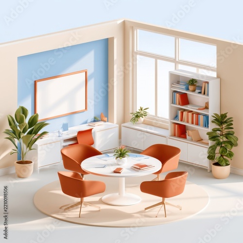 Isometric illustration of modern classroom or office interior with meeting table and whiteboard
