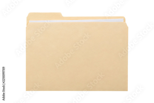 Single manila file folder with white papers inside, standing upright on a clean white background, viewed from a high angle