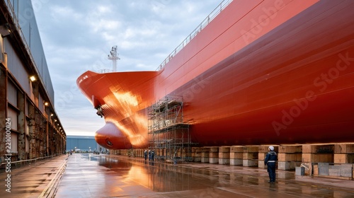 Large red cargo vessel sitting in industrial maritime shipyard dry dock