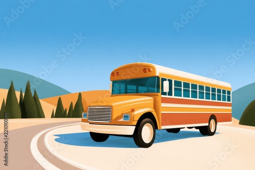 Retro mid century illustration of school bus driving on winding road in sunny landscape
