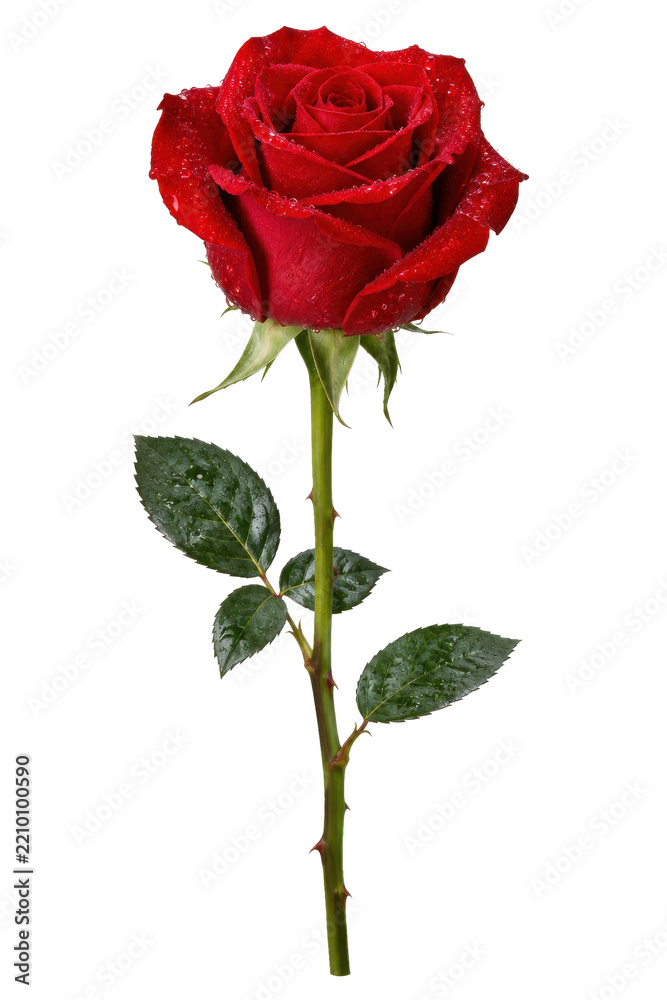 Naklejka premium Vibrant red rose with delicate petals and glistening water droplets stands tall on a white background, showcasing freshness and beauty