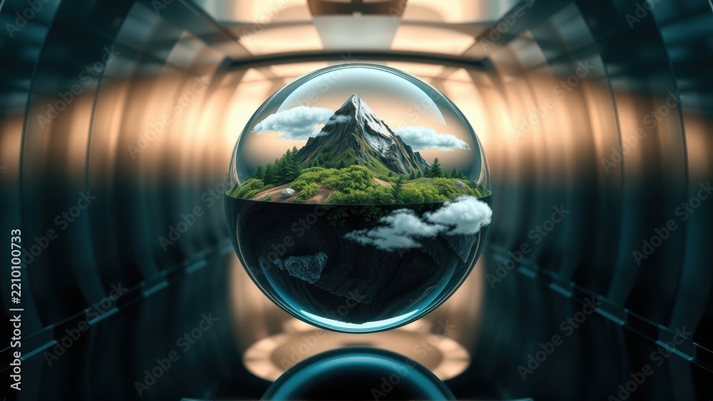 Fototapeta premium Sphere contains mountain landscape. Futuristic tunnel surrounds glass orb, creating reflection. Dramatic lighting emphasizes depth, contrast.