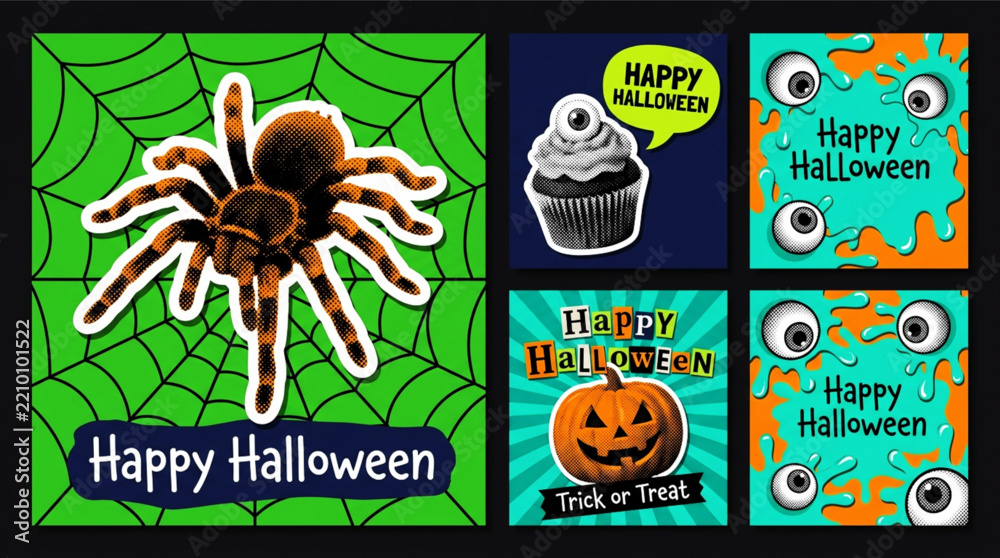 Fototapeta premium Neon green and black pop art Halloween vector banner featuring creepy spider web and monsters on a dark matte background.