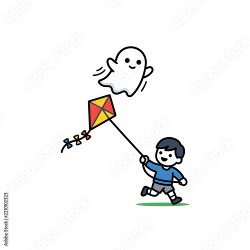 Little boy flying a kite with a friendly ghost flying alongside him