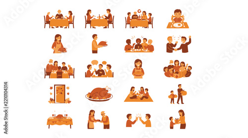 Halloween top decorative border Thanksgiving family dinner icon set, autumn holiday celebration vector illustrations, orange holiday feast collection editable eps