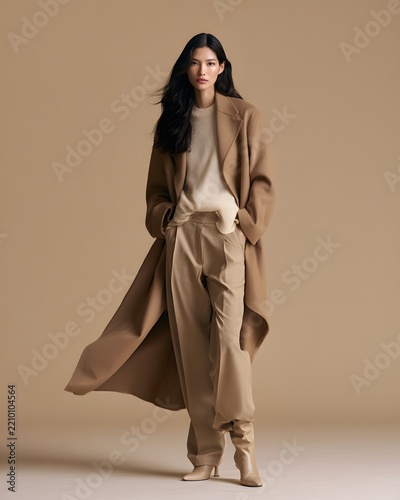 Elegant woman in a camel coat and beige sweater posing against a neutral studio background