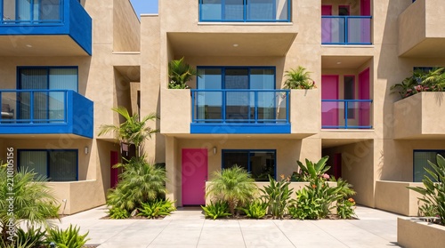 Modern Beige Apartment Building with Colorful Blue and Pink Balcony Railings Surrounded by Green Tropical Plants