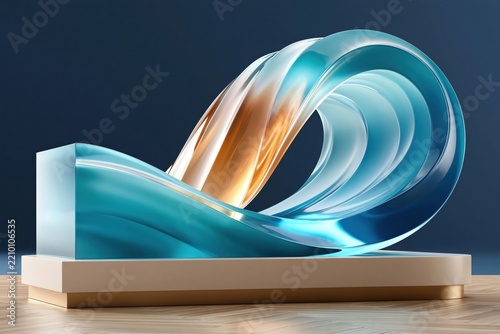 Smooth glass wave sculpture on neutral podium with blue and gold lighting