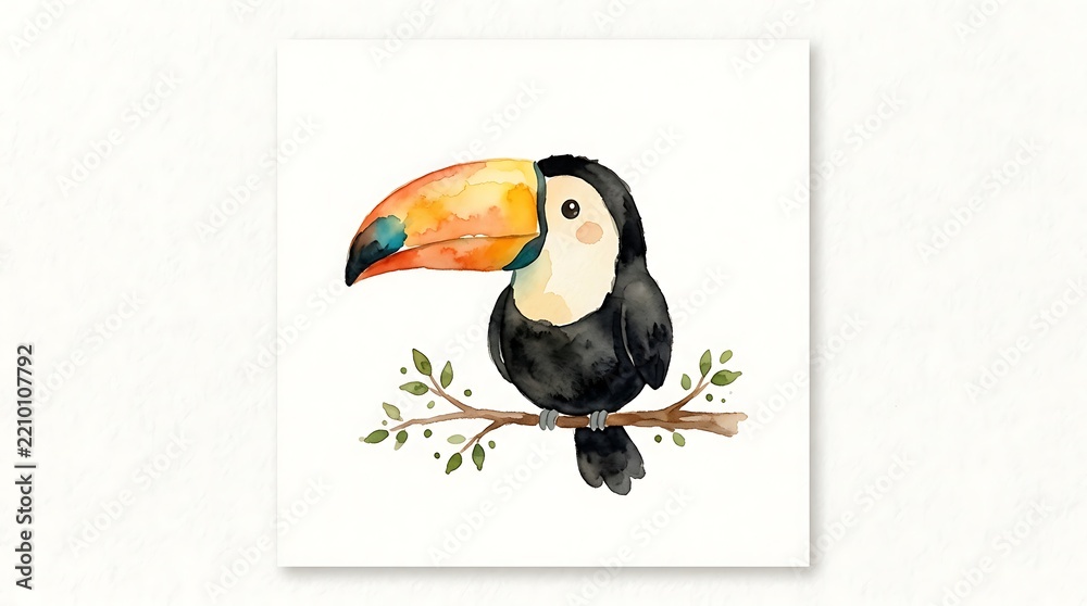 Obraz premium Watercolor illustration of colorful toucan sitting on a branch with green leaves