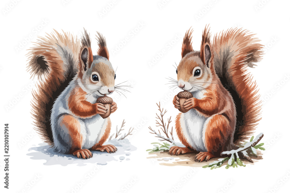 Fototapeta premium Watercolor Squirrel Winter Illustration, Forest Wildlife Animal, Vector Illustration Isolated on White Background