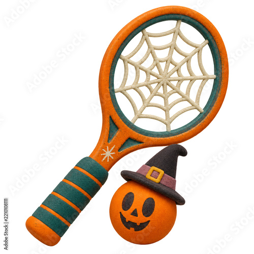 Retro tennis racket with a spiderweb string pattern and orange bal...