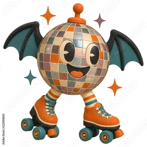 Retro roller rink disco ball wearing tiny bat wings